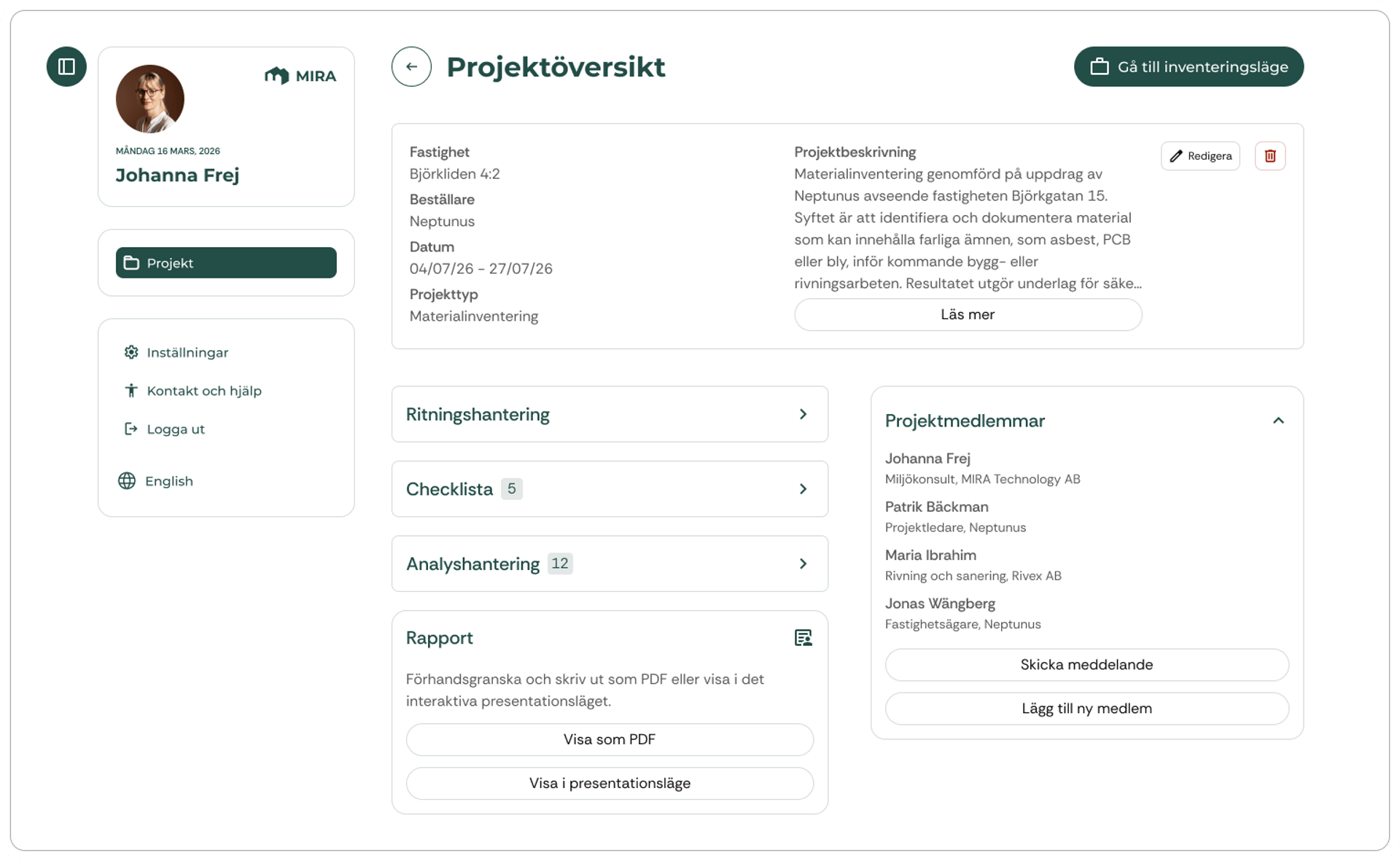 MIRA-plattformens projektöversikt