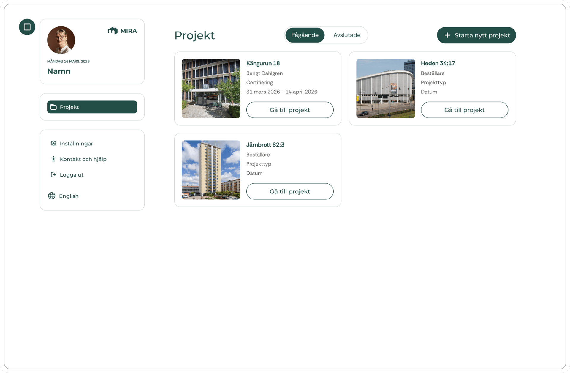 Projects in MIRA on desktop