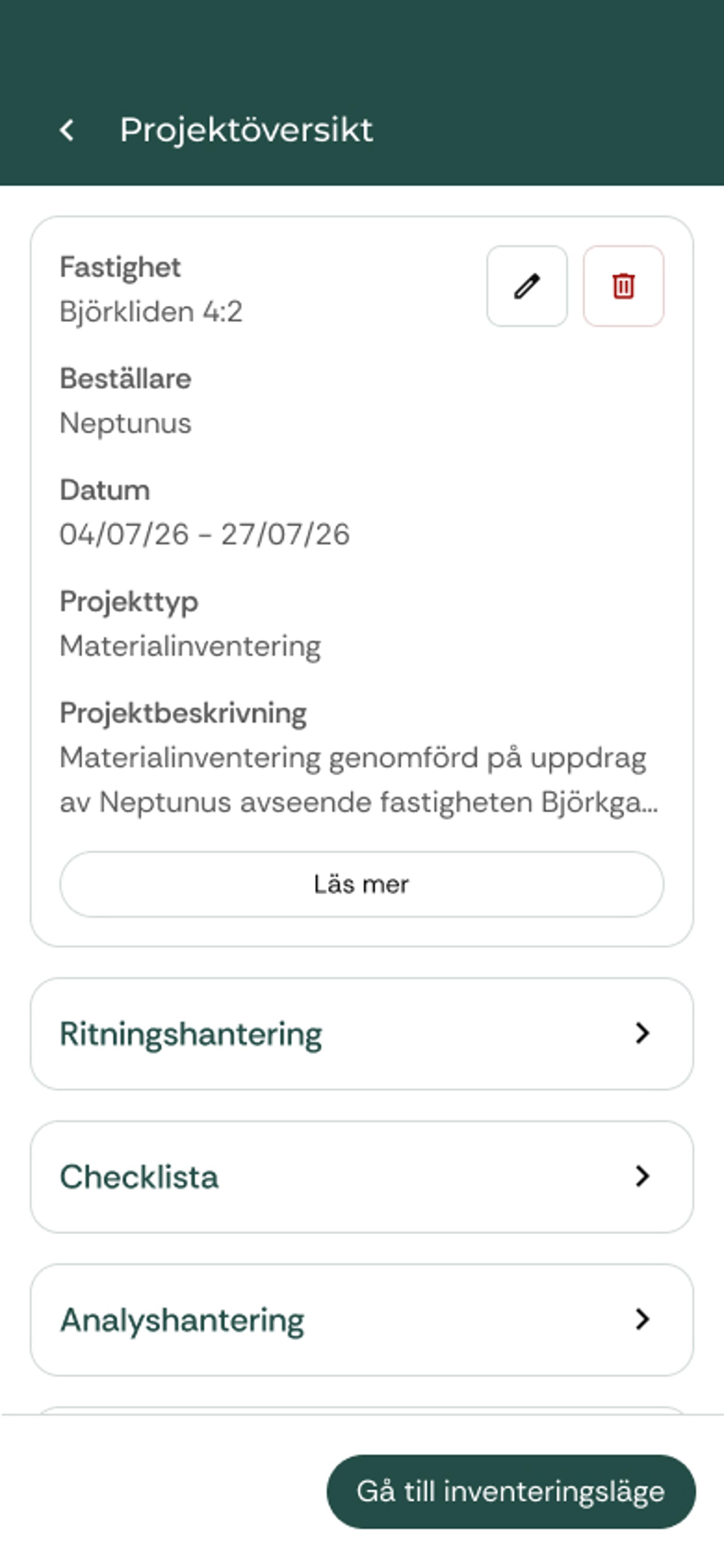 Projektöversikt i MIRA-appen
